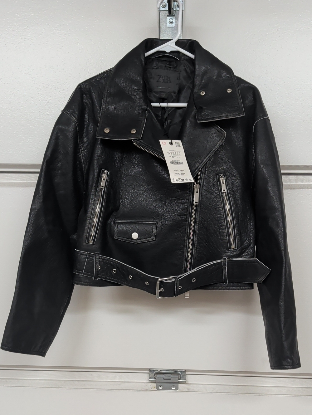 Zara Leather Collection $489 Black 100% Cropped Biker Leather Jacket Belt S NWT